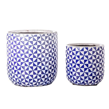 URBAN TRENDS COLLECTION Ceramic Round Pot with Endless Symmetric Pattern  Crackled Body Blue Set of 2 55719